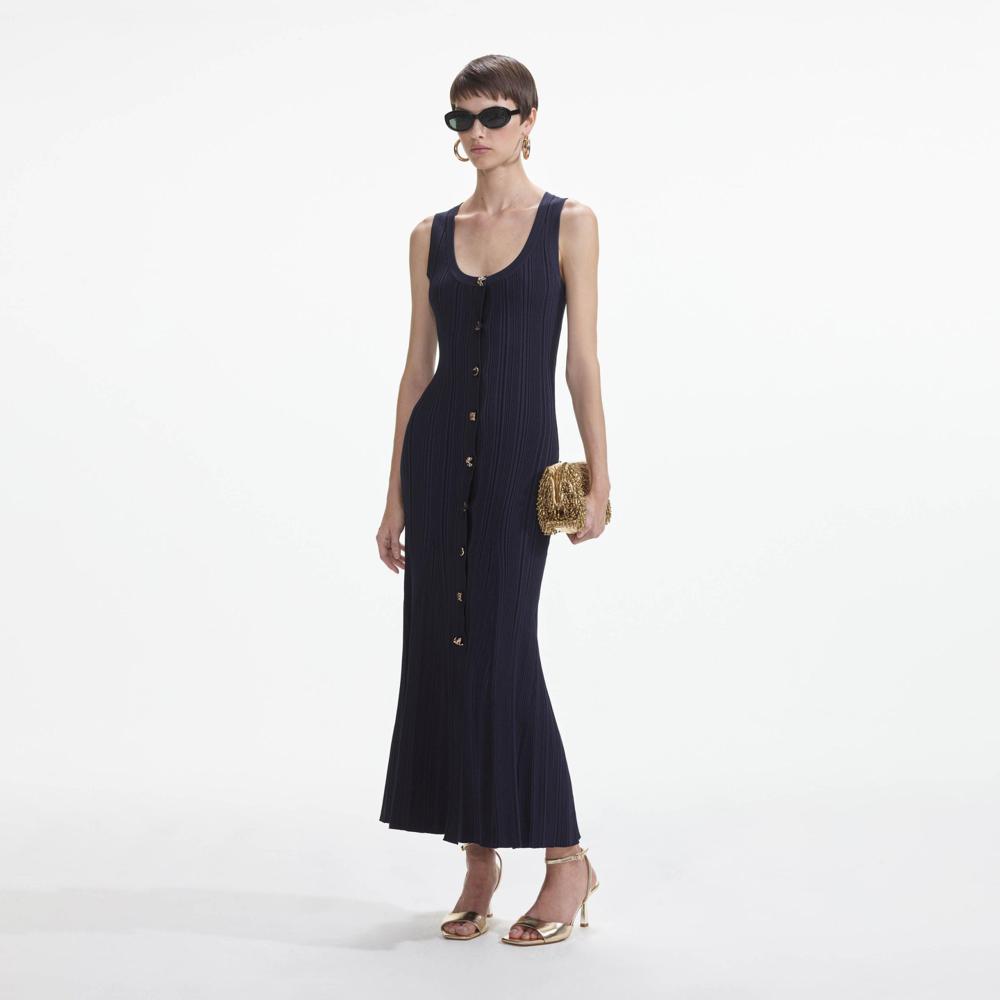 SELF PORTRAIT VIP SS24 Navy Viscose Knit Midi Dress