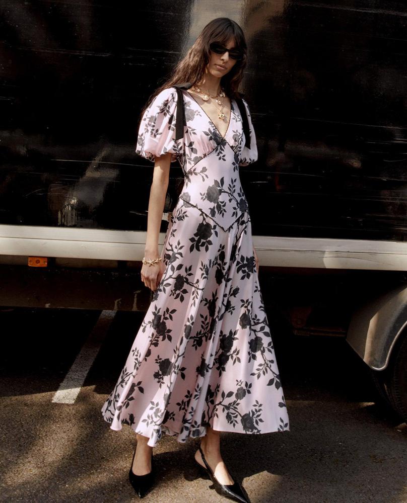 SP VIP PRICE Pink Satin Floral Midi Dress