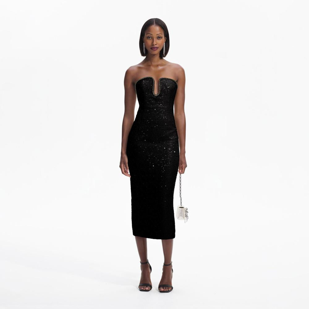 SELF PORTRAIT BLACK FRIDAY SALE Black Sequin Boucle Midi Dress