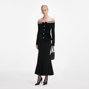 SP VIP PRICE Black Chenille Knit Crystal Trim Midi Dress