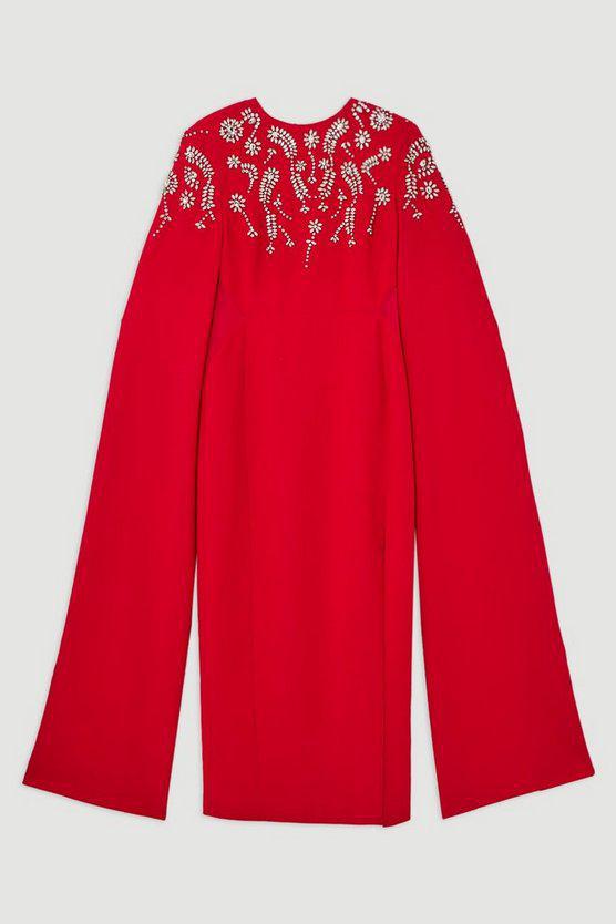 Karen Millen UK SALE Compact Stretch Viscose Crystal Embellished Cape Maxi Dress - red