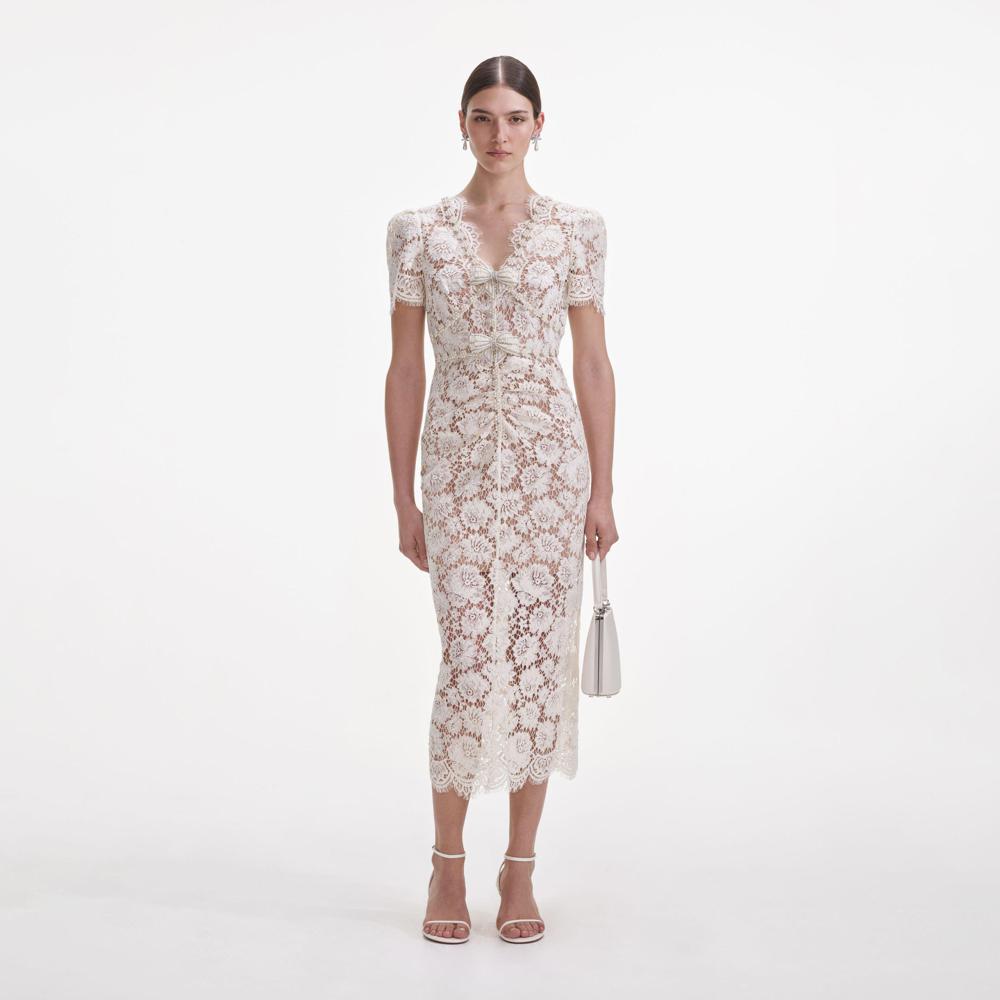 SELF PORTRAIT SS25 VIP PRICE Cream Fine Lace Pearl Midi Dress