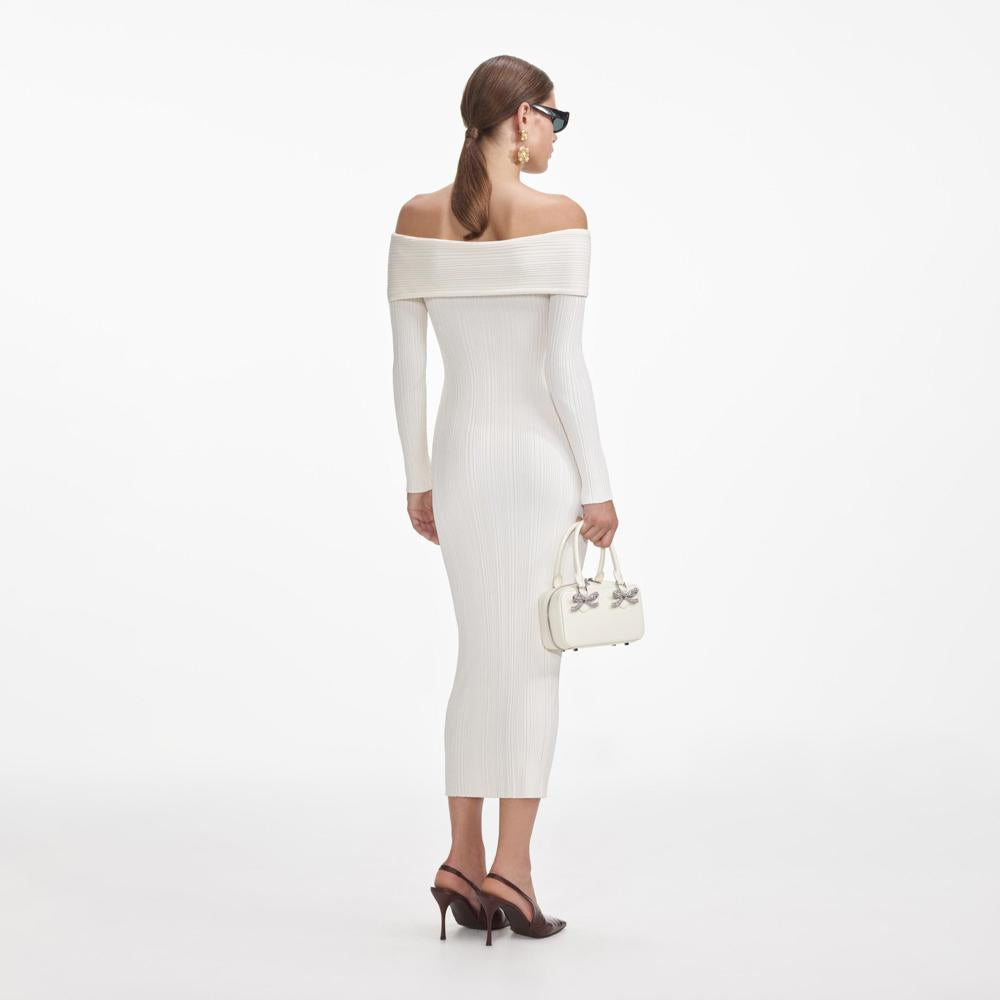 SELF PORTRAIT SS24 Cream Off Shoulder Knit Midi Dress