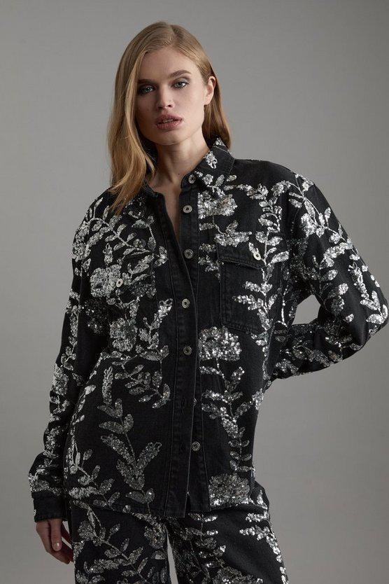 Karen Millen UK SALE Denim All Over Floral Sequin Jacket - black