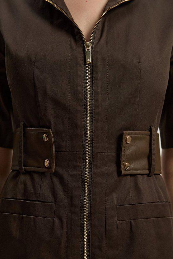 Karen Millen UK SALE Cotton & Faux Leather Tab Utility Midi Dress - chocolate