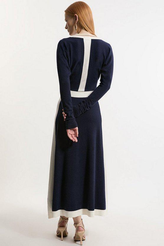Karen Millen UK SALE Wool Blend With Cashmere V Neck Colour Block Dress - navy