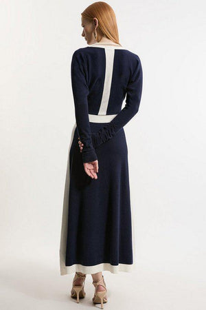 Karen Millen UK SALE Wool Blend With Cashmere V Neck Colour Block Dress - navy