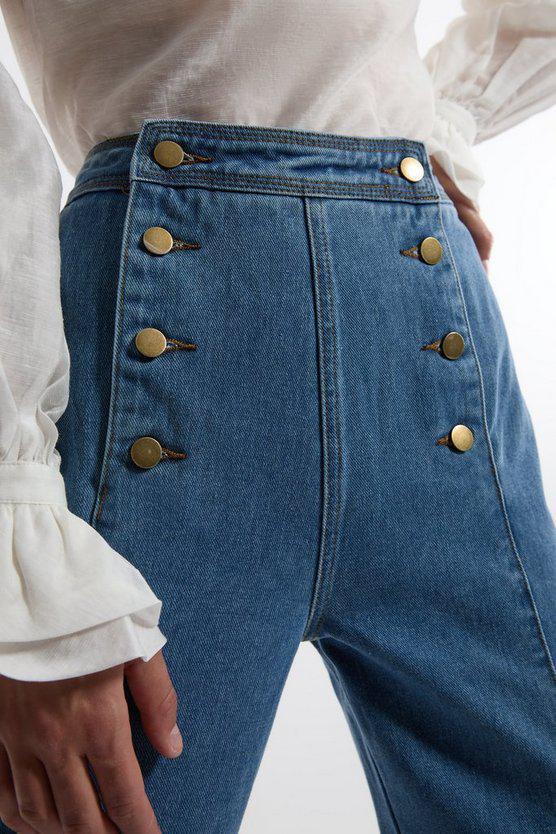 Karen Millen UK SALE Denim Tailored Button Front Straight Leg Jeans - mid blue