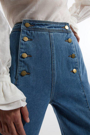 Karen Millen UK SALE Denim Tailored Button Front Straight Leg Jeans - mid blue