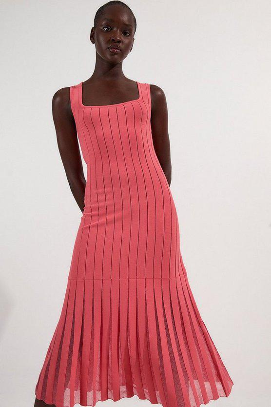Karen Millen UK SALE Tall Compact Stretch Square Neck Knitted Flippy Dress - coral