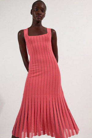 Karen Millen UK SALE Tall Compact Stretch Square Neck Knitted Flippy Dress - coral