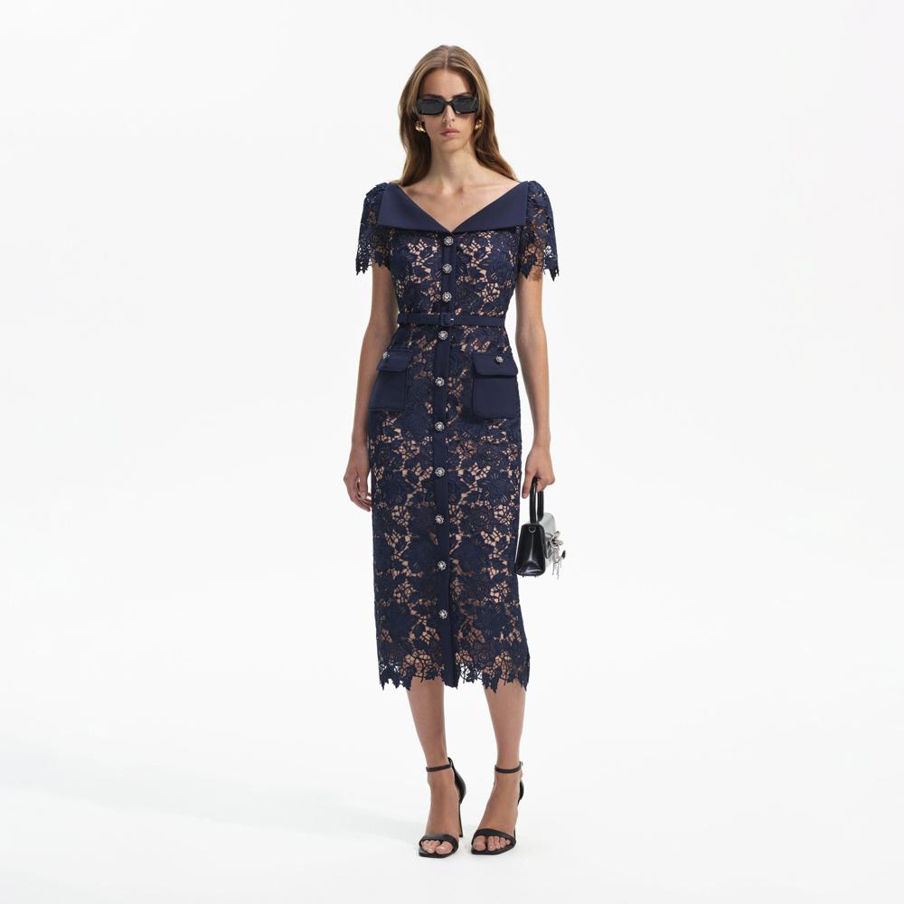 SELF PORTRAIT BLACK FRIDAY SALE Navy Lace Open Neck Midi Dress