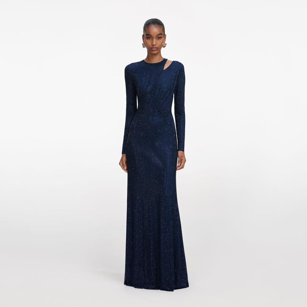 SP VIP PRICE Navy Rhinestone Mesh Cut Out Maxi Dress