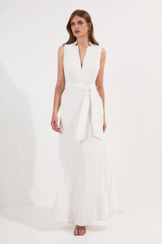 Karen Millen UK SALE Lydia Millen Linen Wrap Tie Waisted Maxi Dress - ivory