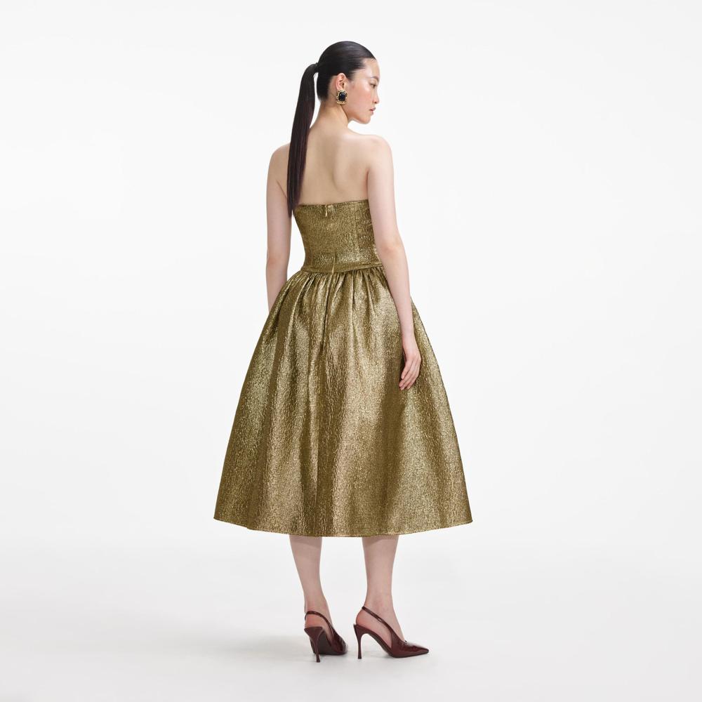 SELF PORTRAIT VIP SS24 Gold Metallic Jacquard Midi Dress