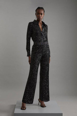 Karen Millen UK SALE Sequin High Waisted Wide Leg Trousers - black