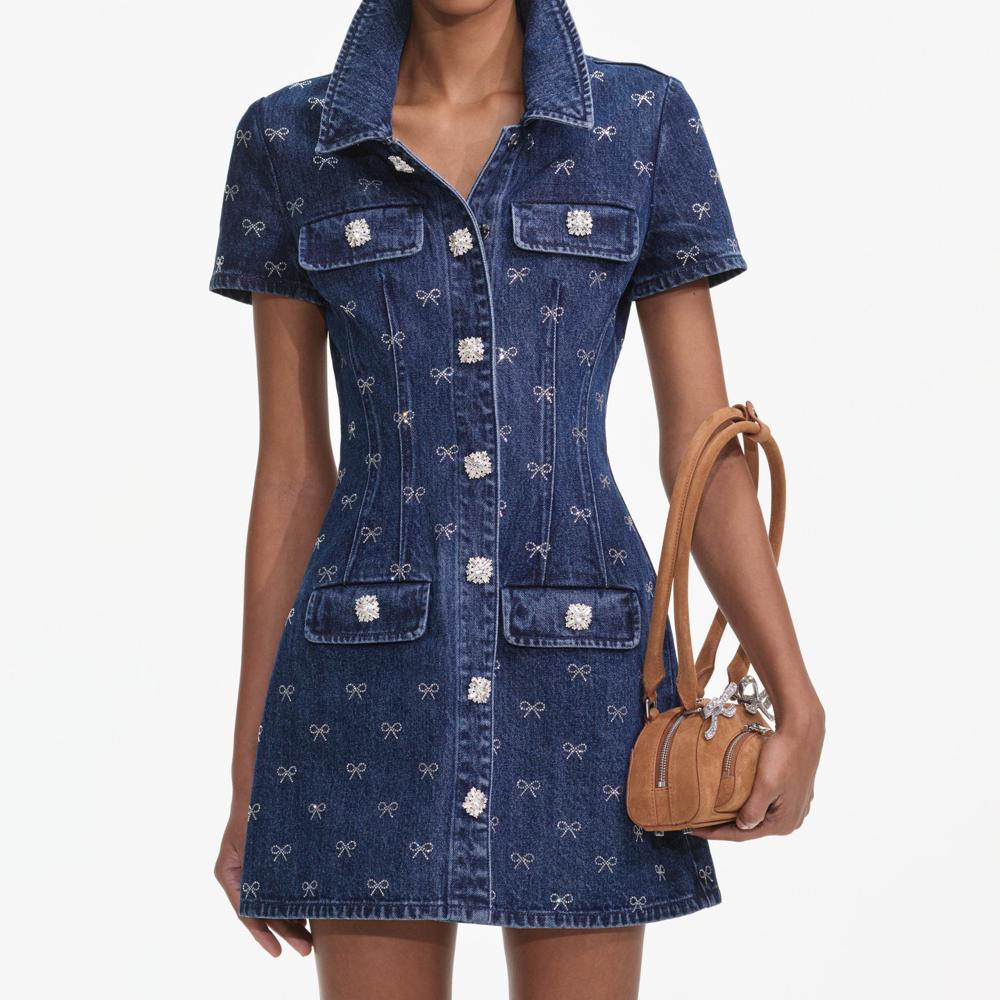 SP VIP PRICE Denim Diamante Bow Collared Mini Dress