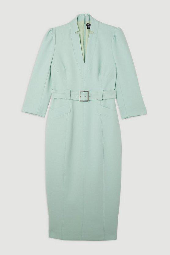 Karen Millen UK SALE Compact Stretch Tailored Forever Belted Midi Dress - sage