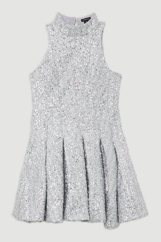 Karen Millen UK SALE Tall Sequin Metallic Boucle Halter Full Skirt Tailored Mini Dress