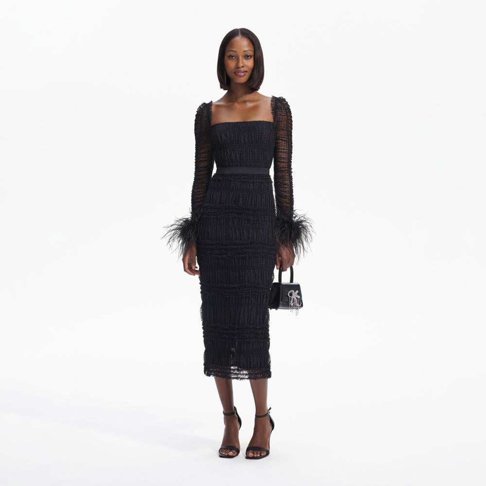 SELF PORTRAIT BLACK FRIDAY SALE Black Dot Mesh Feather Midi Dress