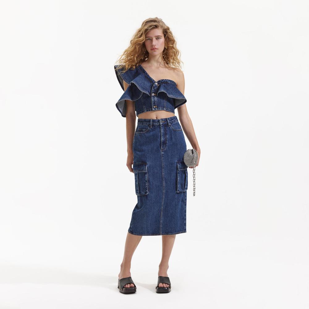 SELF PORTRAIT BLACK FRIDAY SALE Denim Cargo Midi Skirt