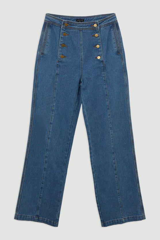 Karen Millen UK SALE Denim Tailored Button Front Straight Leg Jeans - indigo