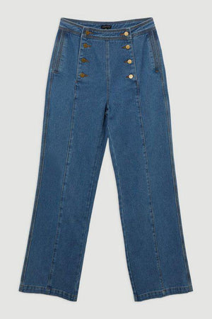 Karen Millen UK SALE Denim Tailored Button Front Straight Leg Jeans - indigo