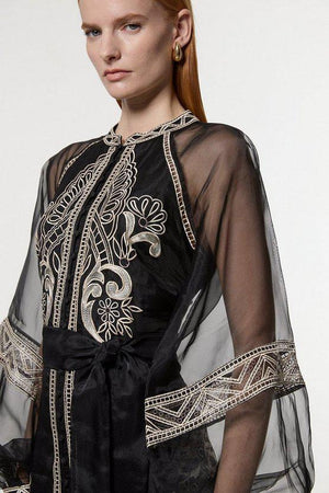 Karen Millen UK SALE Embroidered Organdie Balloon Sleeve Woven Maxi Dress - black