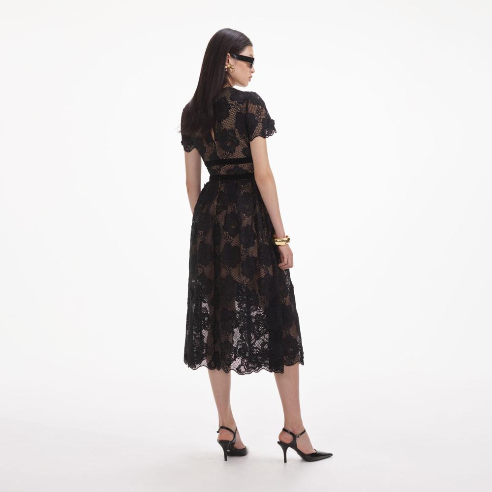 SELF PORTRAIT SS24 Black Lace Velvet Bow Midi Dress