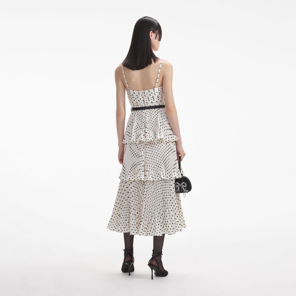 SELF PORTRAIT SS24 Cream Polka Dot Tiered Midi Dress