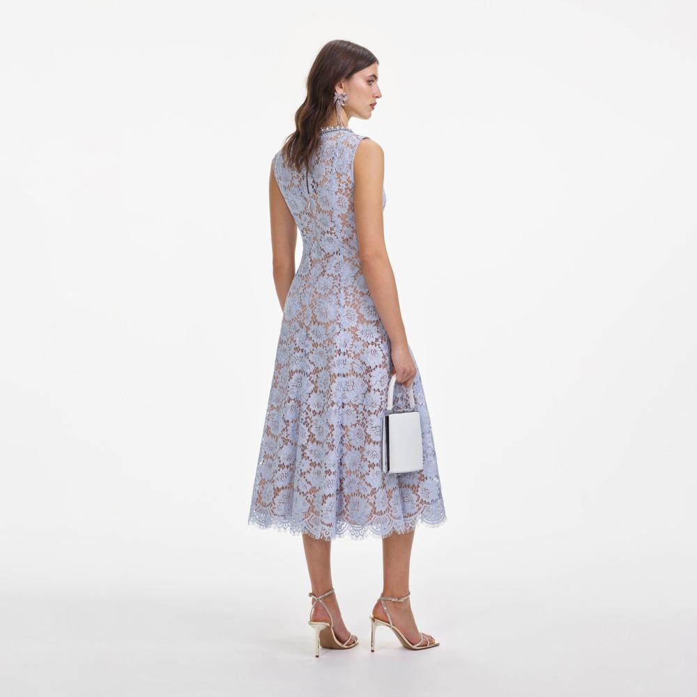 SELF PORTRAIT SS25 VIP PRICE Blue Fine Lace Pearl Midi Dress