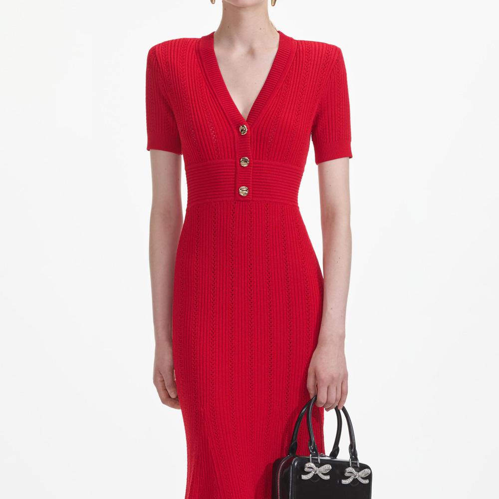 SELF PORTRAIT SS24 Red Pointelle Knit Midi Dress