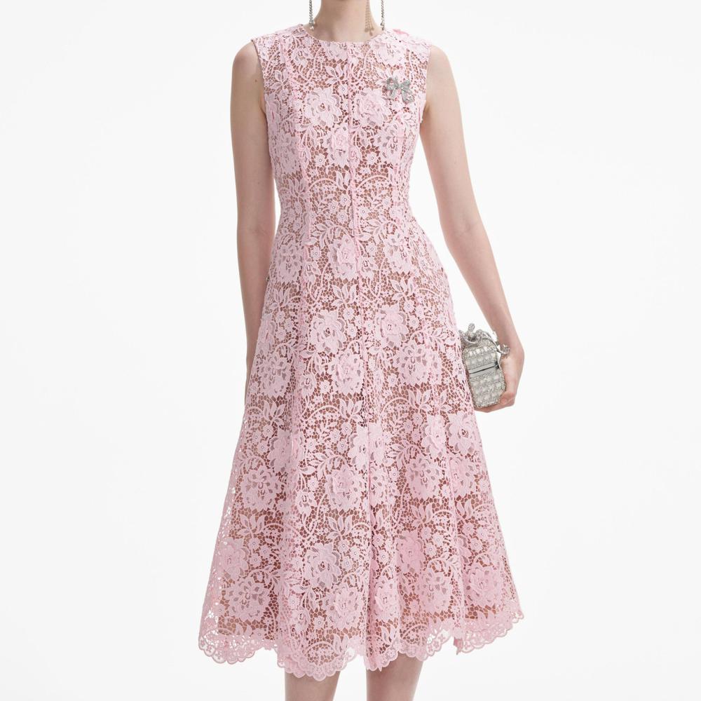 SELF PORTRAIT SS24 Pink Flower Lace Midi Dress