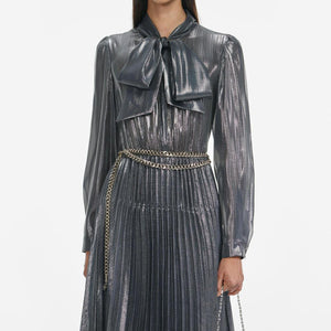 SP VIP PRICE Grey Metallic Tie Neck Maxi Dress