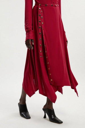 Karen Millen UK SALE Drapey Crepe Hanky Hem Eyelet Detail Maxi Skirt - burgundy