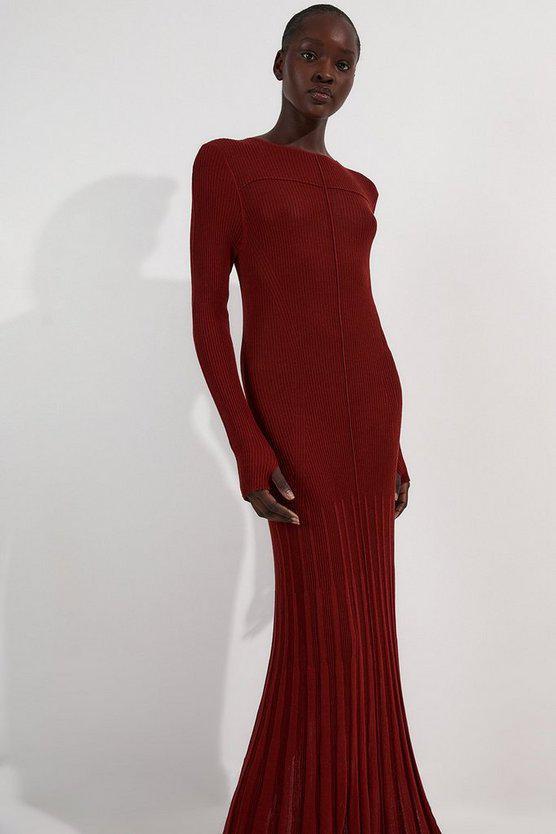Karen Millen UK SALE Drapey Sheer Rib Knitted Midi Dress - rust