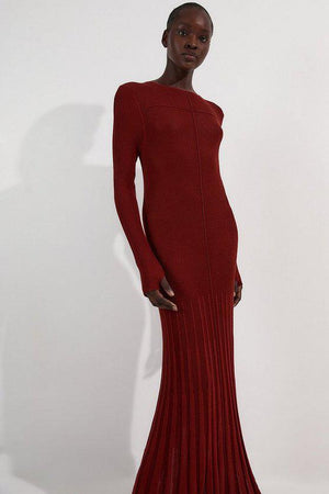 Karen Millen UK SALE Drapey Sheer Rib Knitted Midi Dress - rust