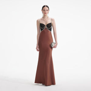 SELF PORTRAIT SS24 Brown Satin Diamante Maxi Dress