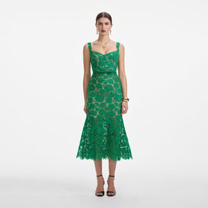 SELF PORTRAIT SS25 VIP PRICE Green Fine Lace Midi Dress