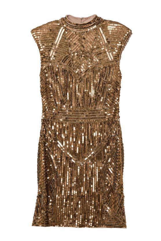 Karen Millen UK SALE Embellished Sequin And Beaded Strong Shoulder Mini Dress - gold