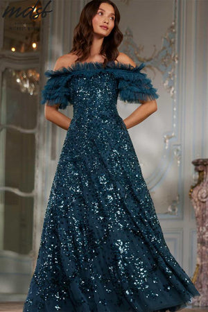 Needle & Thread CHRISTMAS SALE Sequin Wreath Off-Shoulder Gown - blue