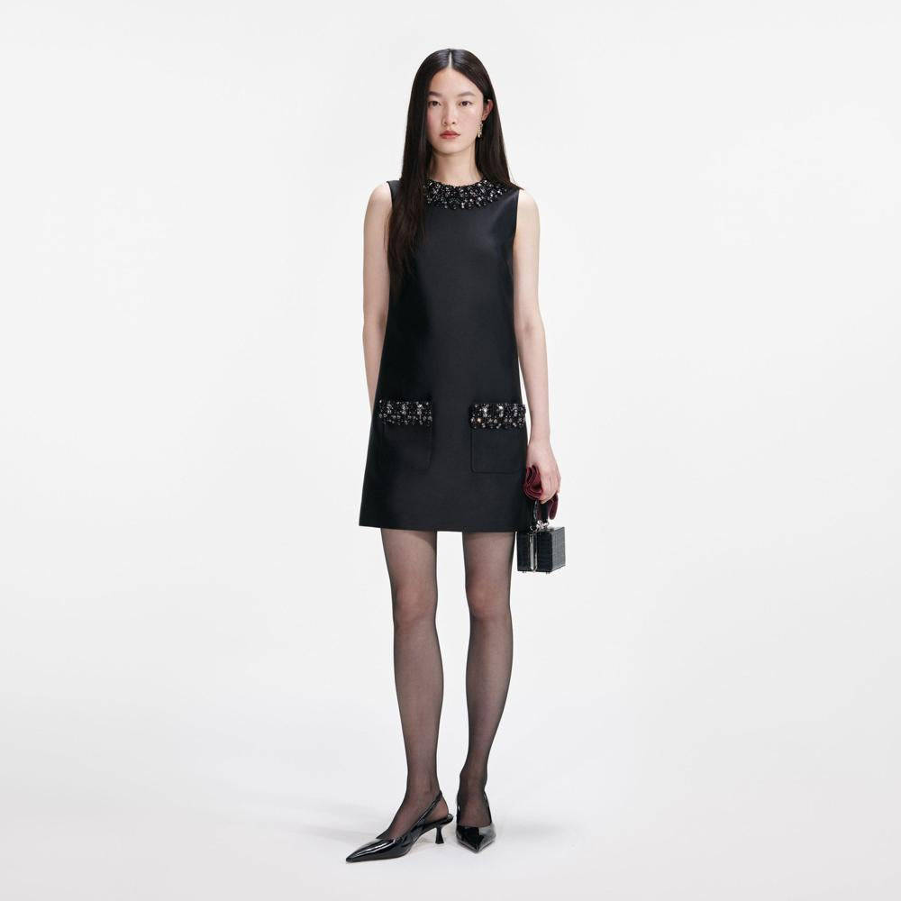SP VIP PRICE Black Taffeta Embellished Trim Mini Dress