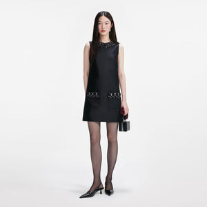 SP VIP PRICE Black Taffeta Embellished Trim Mini Dress