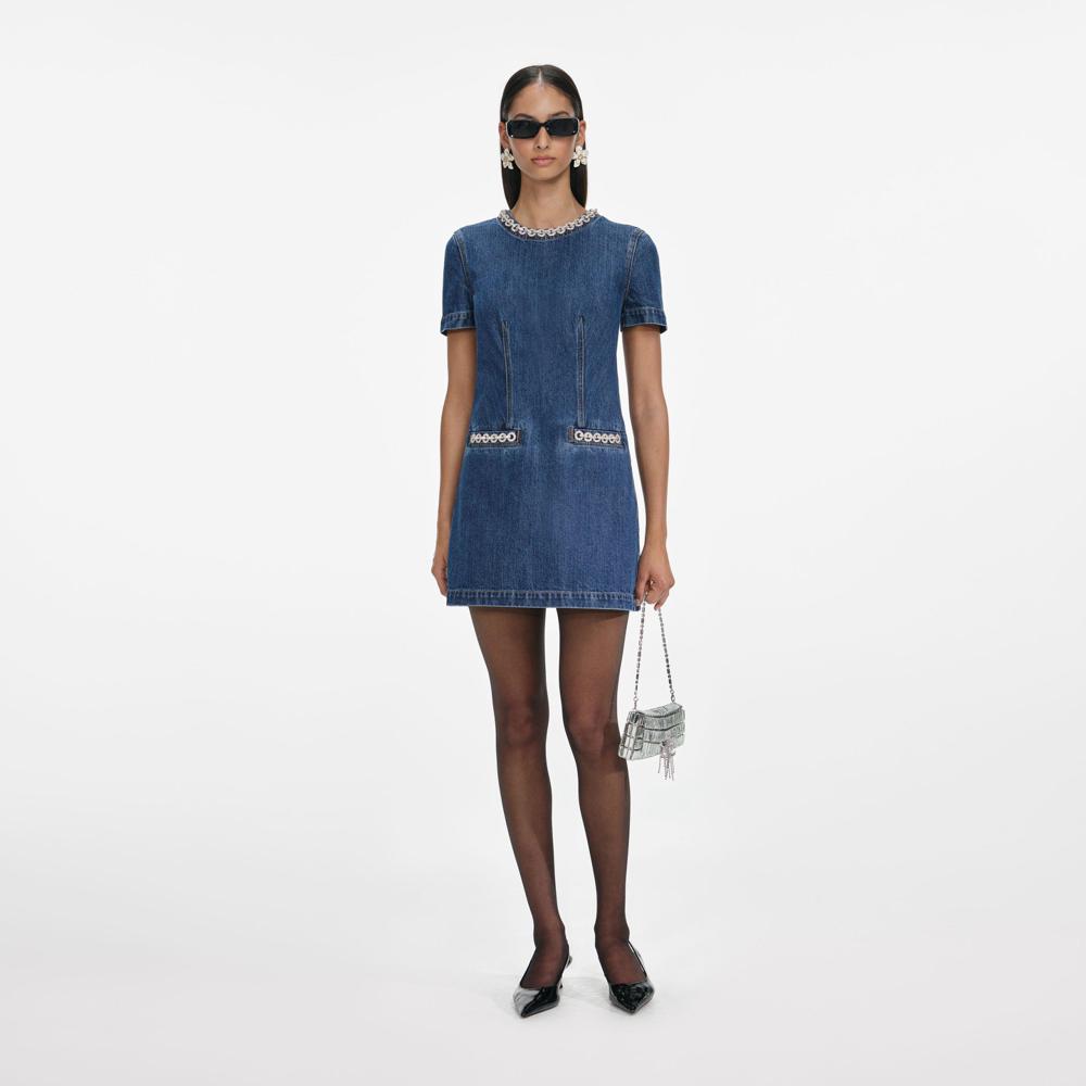 SP VIP PRICE Denim Crystal Trim Mini Dress