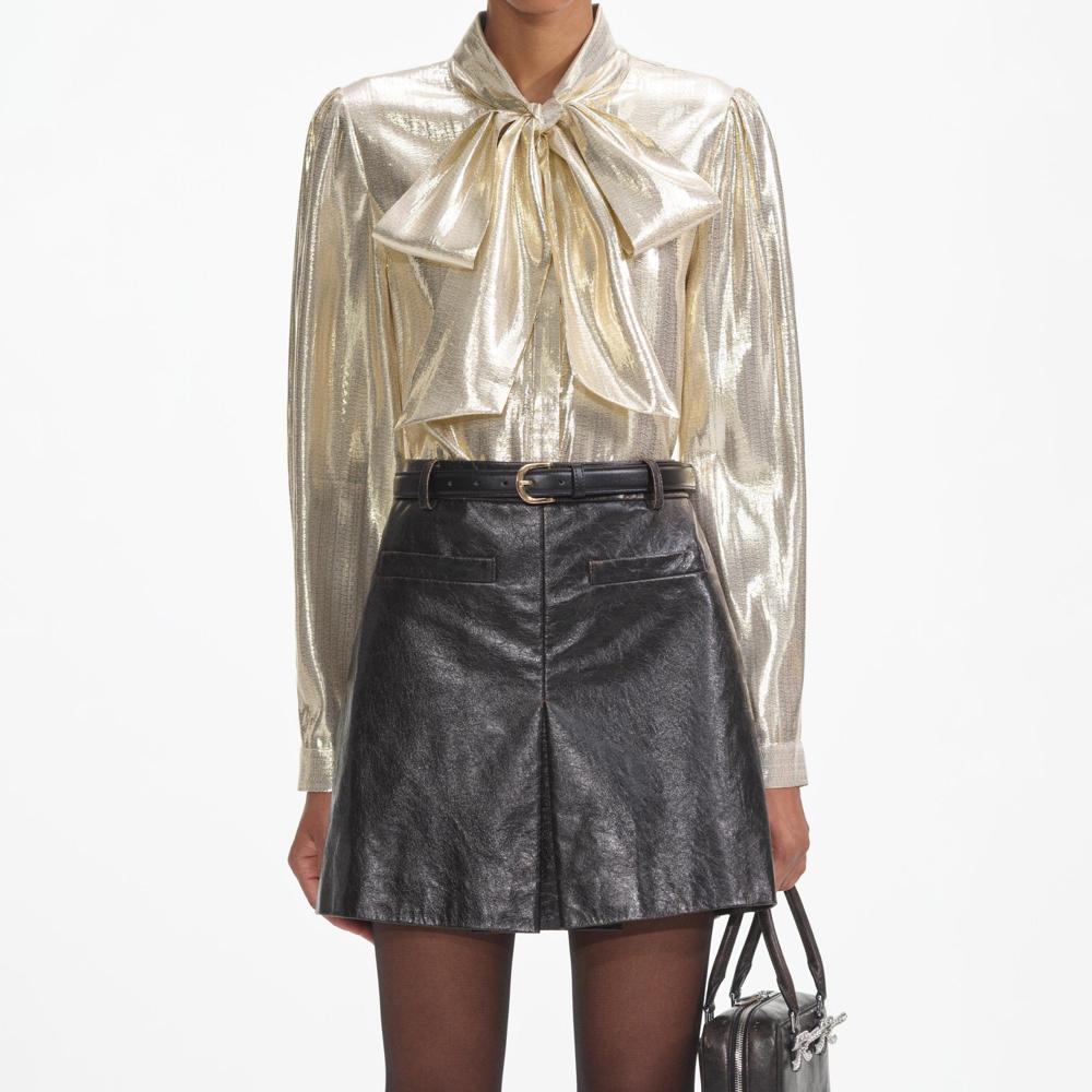 SELF PORTRAIT SS24 Gold Metallic Pussy Bow Blouse