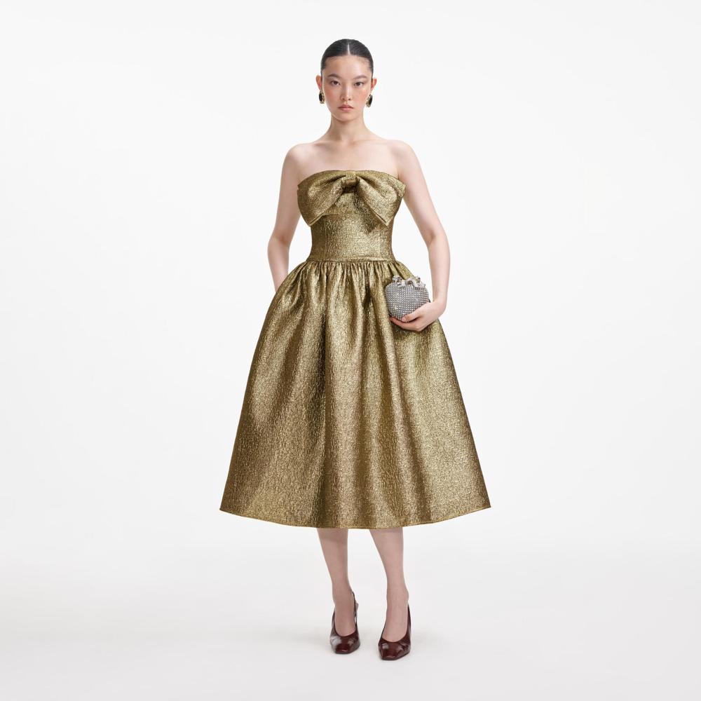 SELF PORTRAIT SS24 Gold Metallic Jacquard Midi Dress