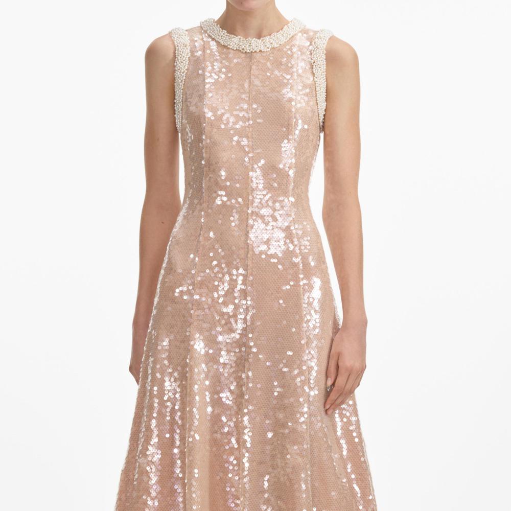 SELF PORTRAIT SS24 Sequin Pearl Trim Midi Dress