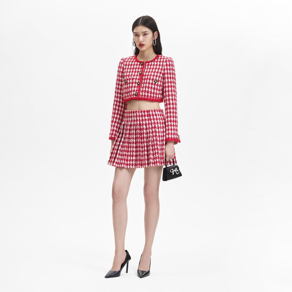 SELF PORTRAIT BLACK FRIDAY SALE Red Check Boucle Pleated Mini Skirt