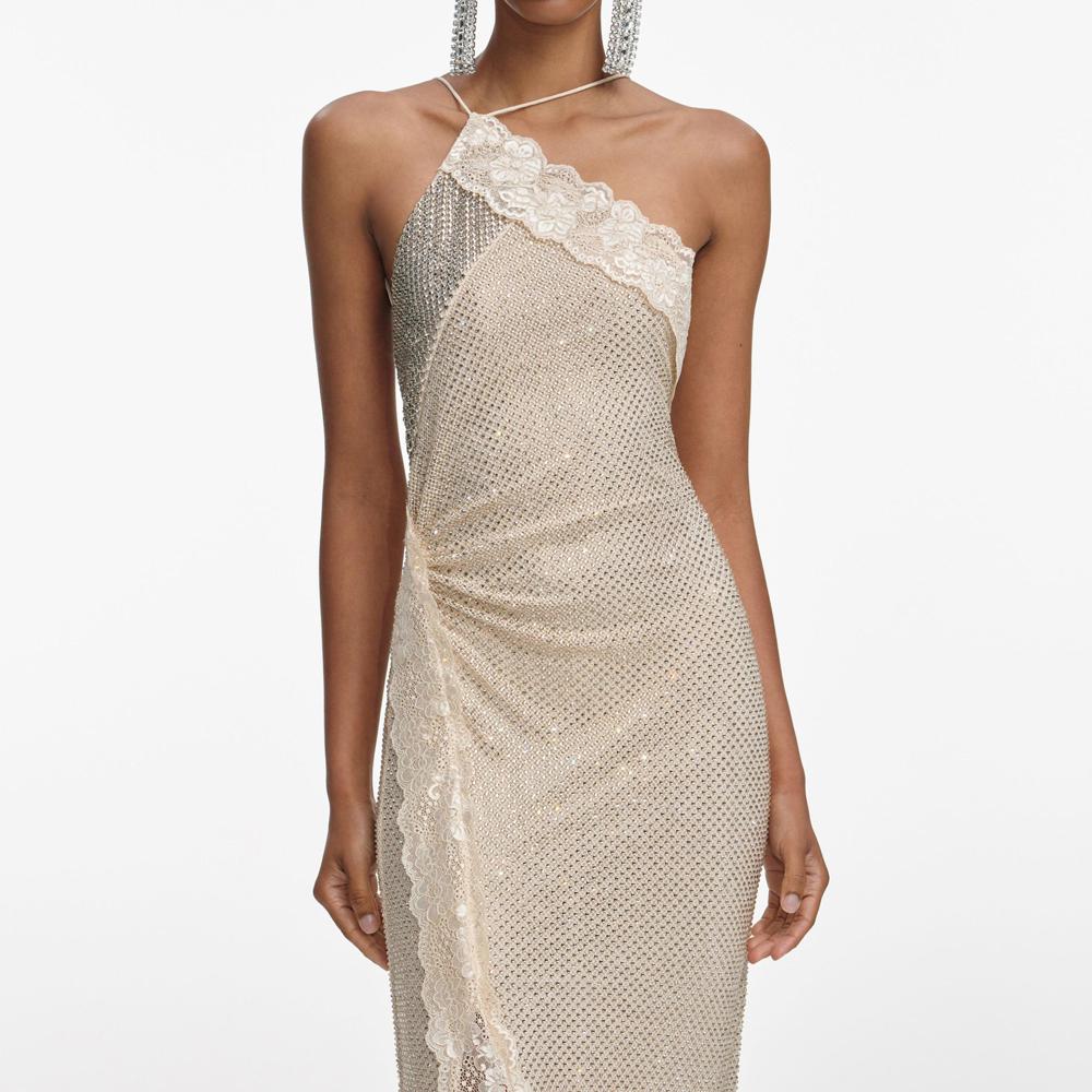 SP VIP PRICE Champagne Rhinestone Lace Trim Maxi Dress