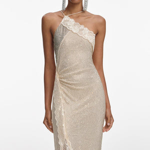 SP VIP PRICE Champagne Rhinestone Lace Trim Maxi Dress